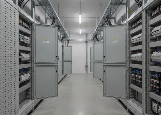 Sala de painéis elétricos de baixa tensão com quadros de distribuição e dispositivos de proteção em ambiente industrial