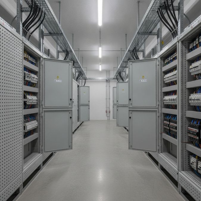 Sala de painéis elétricos de baixa tensão com quadros de distribuição e dispositivos de proteção em ambiente industrial