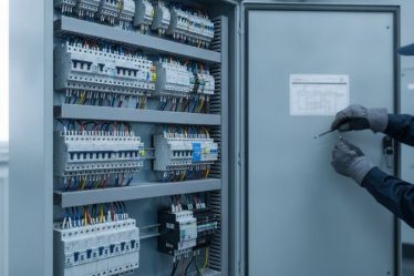 Painel elétrico de baixa tensão aberto em ambiente industrial com fiação organizada e dispositivos de proteção visíveis