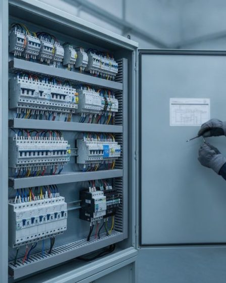 Painel elétrico de baixa tensão aberto em ambiente industrial com fiação organizada e dispositivos de proteção visíveis
