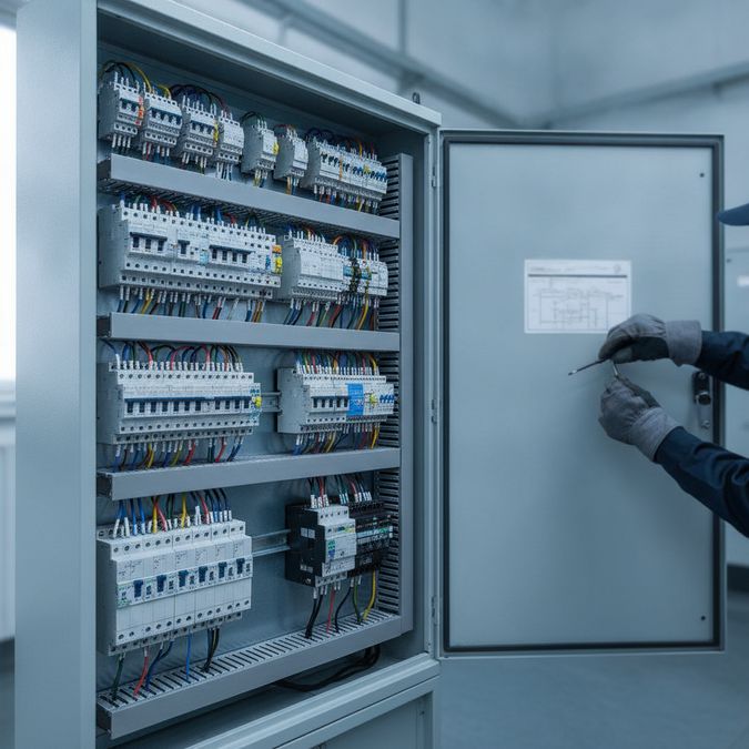 Painel elétrico de baixa tensão aberto em ambiente industrial com fiação organizada e dispositivos de proteção visíveis