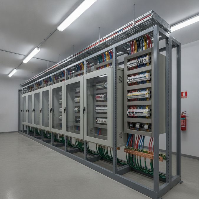 Sala de painéis elétricos industriais de baixa tensão com quadros de distribuição e bandejas de cabos organizadas